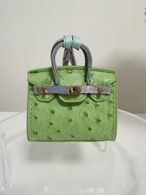 Mini Ostrich Texture Bag Charm Green Silver Small Purse